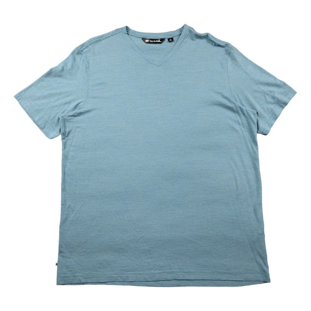 Travis Mathew Short Sleeve Vneck Tshirt Mens Size XL Teal Stripes Pima Cotton
